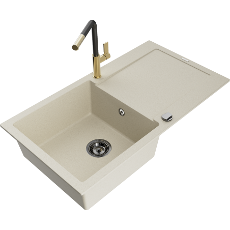 Mexen Leo évier en granit 1 bac avec égouttoir et robinet de cuisine Flora, beige - 6501-69-670401-57-B