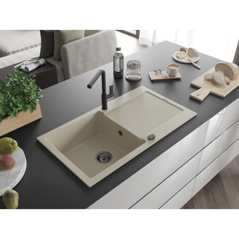 Mexen Leo évier en granit 1-bac avec égouttoir et robinet de cuisine Flora, beige - 6501-69-670401-70-B
