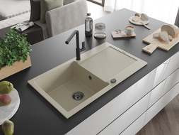 Mexen Leo évier en granit 1 bac avec égouttoir et robinet de cuisine Flora, beige - 6501-69-670401-70-B