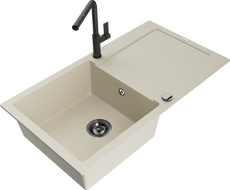 Mexen Leo évier en granit 1 bac avec égouttoir et robinet de cuisine Flora, beige - 6501-69-670401-70-B