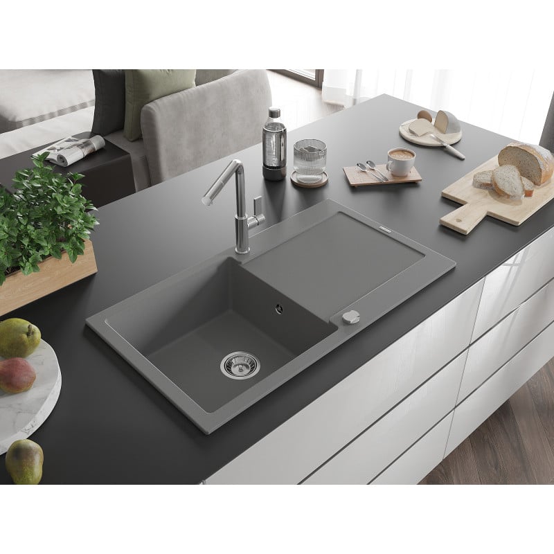 Mexen Leo évier en granit 1 bac avec égouttoir et mitigeur de cuisine Flora, gris - 6501-71-670401-00