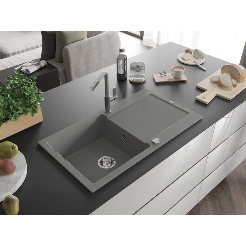 Mexen Leo évier en granit 1 bac avec égouttoir et robinet de cuisine Flora, gris - 6501-71-670401-06