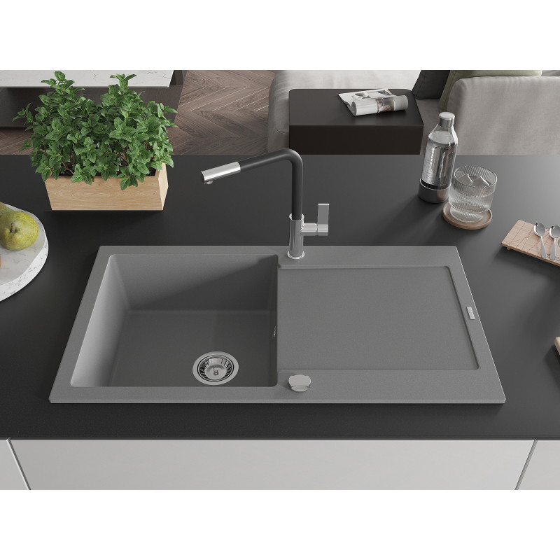 Mexen Leo évier en granit 1 cuve avec égouttoir et mitigeur de cuisine Flora, gris - 6501-71-670401-07