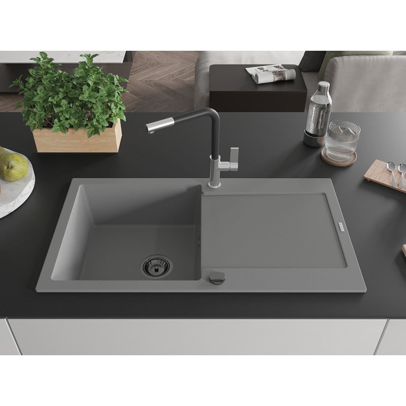 Mexen Leo évier en granit 1-bac avec égouttoir et robinet de cuisine Flora, gris - 6501-71-670401-07-B