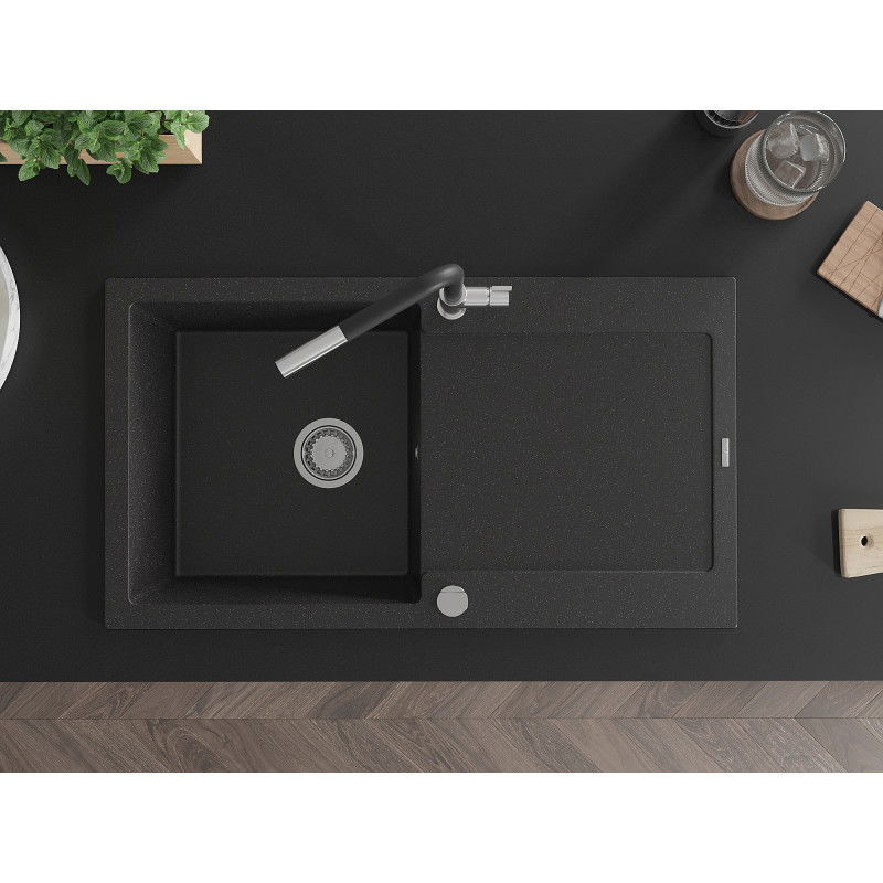Mexen Leo évier en granit 1 bac avec égouttoir et robinet de cuisine Flora, noir/métallisé argent - 6501-73-670401-07