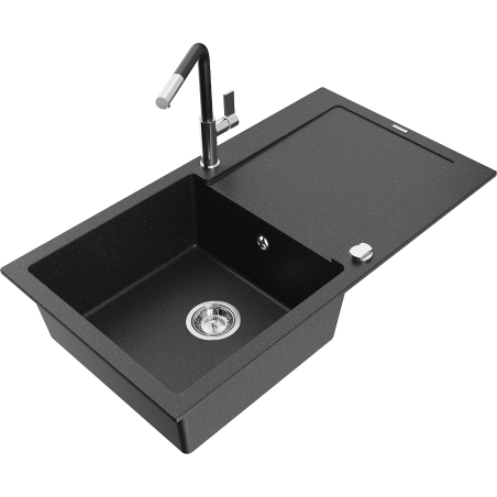 Mexen Leo évier en granit 1 bac avec égouttoir et robinet de cuisine Flora, noir/métallisé argent - 6501-73-670401-07