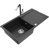 Mexen Leo évier en granit 1 bac avec égouttoir et robinet de cuisine Flora, noir/métallisé argent - 6501-73-670401-07