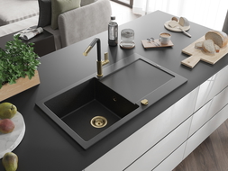 Mexen Leo évier en granit 1 bac avec égouttoir et robinet de cuisine Flora, noir/métallisé argent - 6501-73-670401-57-G