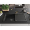 Mexen Leo évier en granit 1 bac avec égouttoir et robinet de cuisine Flora, noir/argent métallisé - 6501-73-670401-57-B