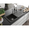Mexen Leo évier en granit 1 cuve avec égouttoir et robinet de cuisine Flora, noir/or métallique - 6501-75-670401-00