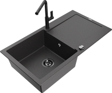 Mexen Leo évier granitique 1 bac avec égouttoir et robinet de cuisine Flora, noir moucheté - 6501-76-670401-70-B