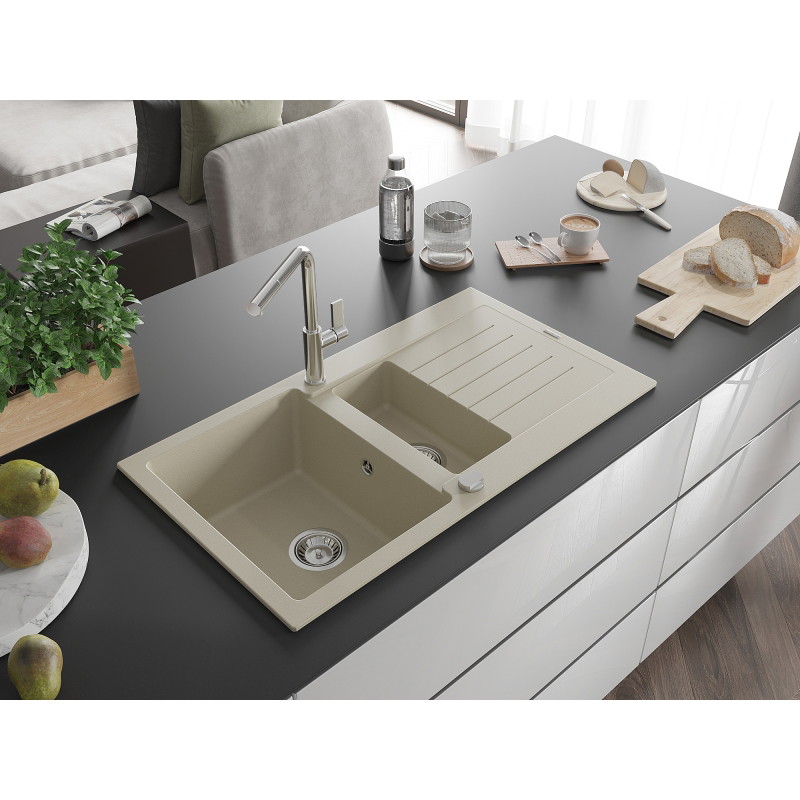 Mexen Matias évier en granit 1,5 bac avec égouttoir et robinet de cuisine Flora, beige - 6502-69-670401-00