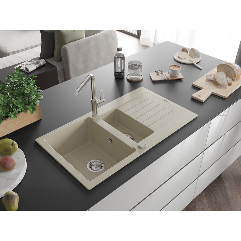 Mexen Matias évier en granit 1,5 cuves avec égouttoir et robinet de cuisine Flora, beige - 6502-69-670401-00