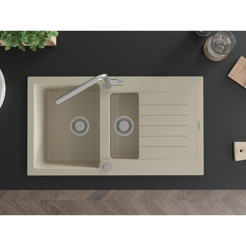Mexen Matias évier en granit 1,5 cuves avec égouttoir et robinet de cuisine Flora, beige - 6502-69-670401-00