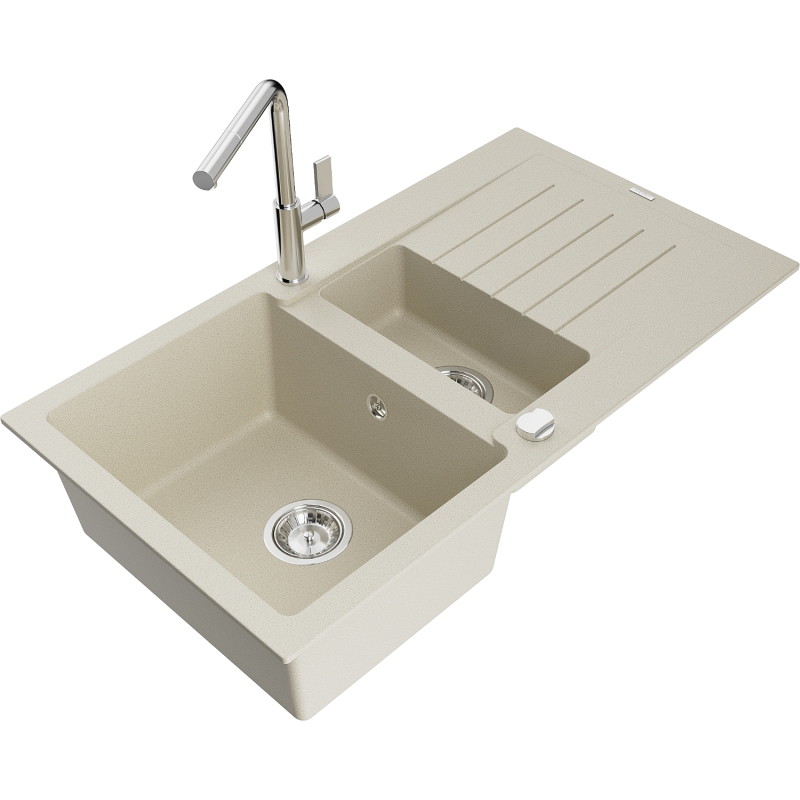 Mexen Matias évier en granit 1,5 bac avec égouttoir et robinet de cuisine Flora, beige - 6502-69-670401-00