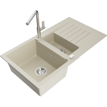 Mexen Matias évier en granit 1,5 cuves avec égouttoir et robinet de cuisine Flora, beige - 6502-69-670401-00