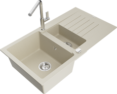 Évier en granit Mexen Matias 1,5 bac avec égouttoir et robinet de cuisine Flora, beige - 6502-69-670401-00