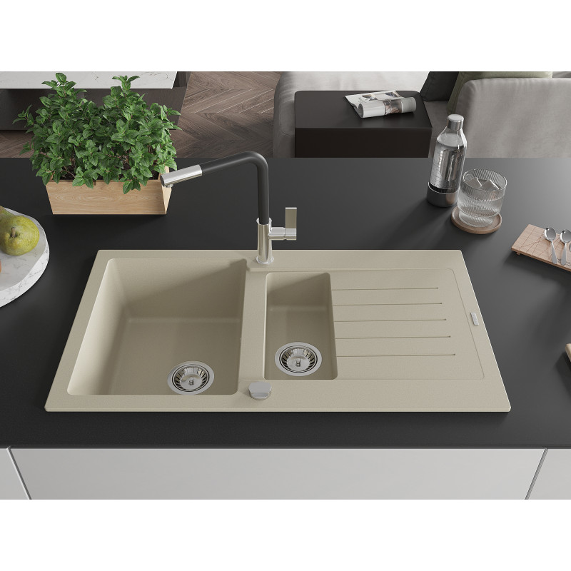 Mexen Matias évier en granit 1,5 bac avec égouttoir et mitigeur de cuisine Flora, beige - 6502-69-670401-07