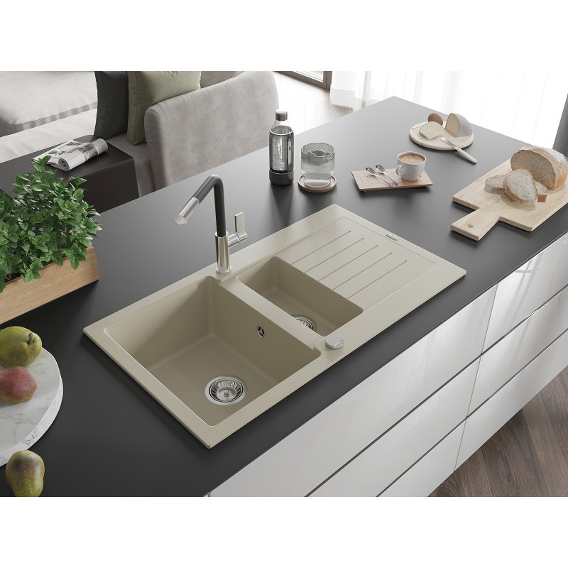 Mexen Matias évier en granit 1,5 bac avec égouttoir et mitigeur de cuisine Flora, beige - 6502-69-670401-07