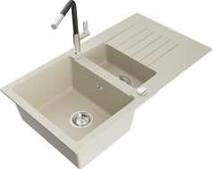 Mexen Matias évier en granit 1,5 bac avec égouttoir et robinet de cuisine Flora, beige - 6502-69-670401-07
