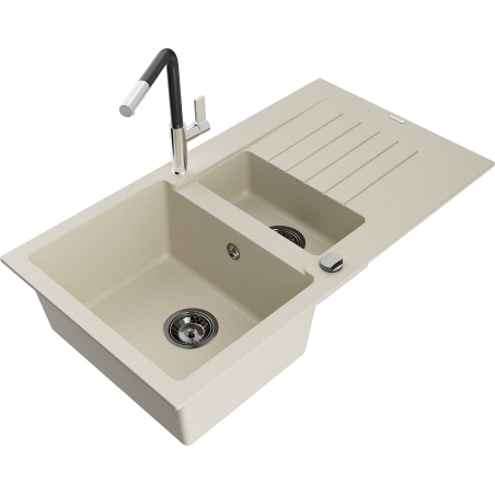 Mexen Matias évier en granit 1,5 bac avec égouttoir et robinet Flora, beige - 6502-69-670401-07-B