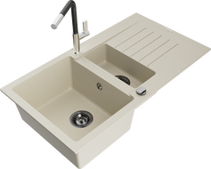 Mexen Matias évier en granit 1,5 bac avec égouttoir et robinet Flora, beige - 6502-69-670401-07-B