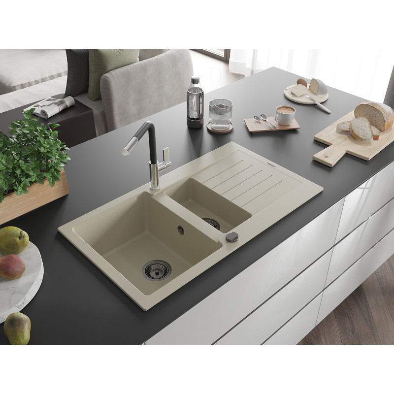 Mexen Matias évier en granit 1,5 bac avec égouttoir et robinet de cuisine Flora, beige - 6502-69-670401-07-B