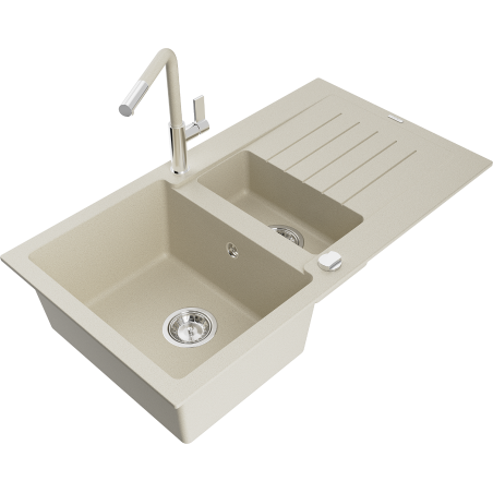 Mexen Matias évier en granit 1,5 bac avec égouttoir et mitigeur Flora, beige - 6502-69-670401-09