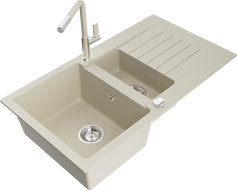 Mexen Matias évier en granit 1,5 bac avec égouttoir et mitigeur Flora, beige - 6502-69-670401-09