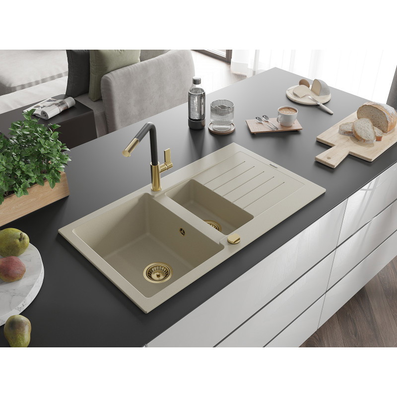 Mexen Matias évier en granit 1,5 bac avec égouttoir et robinet de cuisine Flora, beige - 6502-69-670401-57-G