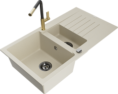Mexen Matias évier en granit 1,5 bac avec égouttoir et mitigeur Flora, beige - 6502-69-670401-57-B