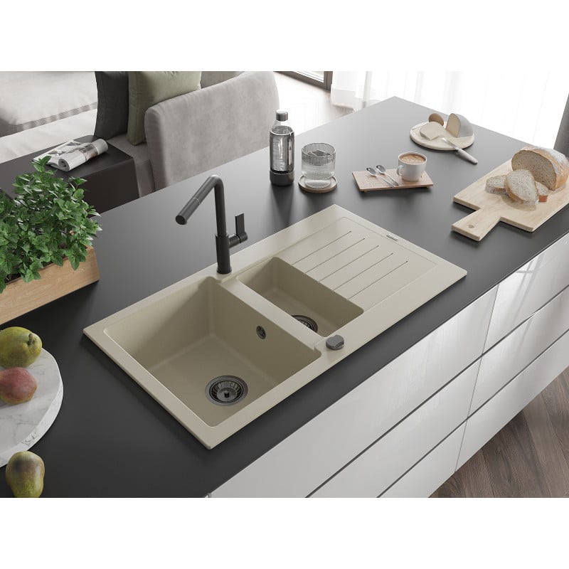 Mexen Matias évier en granit 1,5 bac avec égouttoir et robinet de cuisine Flora, beige - 6502-69-670401-70-B