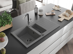 Mexen Matias évier en granit 1,5-bassins avec égouttoir et robinet de cuisine Flora, gris - 6502-71-670401-07-B