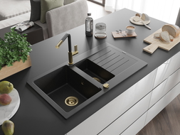 Évier granite Mexen Matias 1,5 bacs avec égouttoir et robinet cuisine Flora, noir/argent - 6502-73-670401-57-G