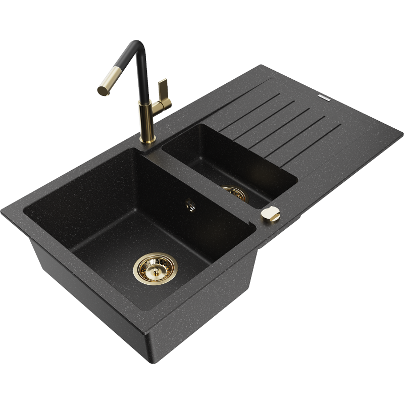 Évier granite Mexen Matias 1,5 bacs avec égouttoir et robinet cuisine Flora, noir/argent - 6502-73-670401-57-G