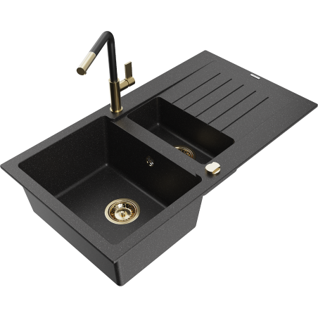 Évier granite Mexen Matias 1,5 bacs avec égouttoir et robinet cuisine Flora, noir/argent - 6502-73-670401-57-G