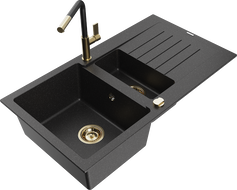 Évier granite Mexen Matias 1,5 bacs avec égouttoir et robinet cuisine Flora, noir/argent - 6502-73-670401-57-G