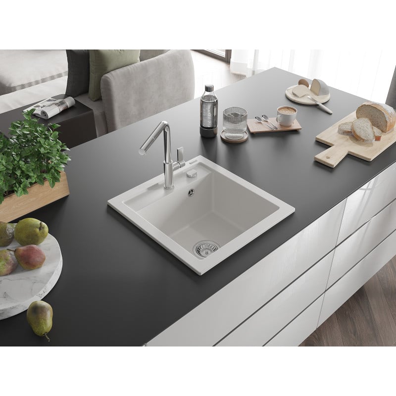 Mexen Vito évier en granit 1 bac avec robinet de cuisine Flora, blanc - 6503-20-670401-00