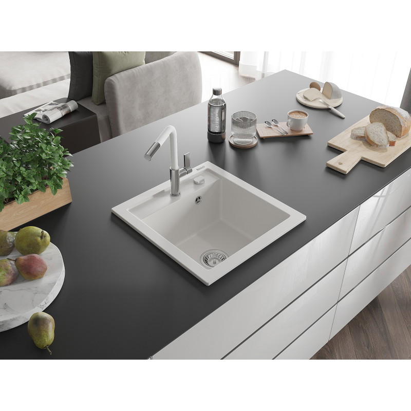 Mexen Vito évier en granit à 1 bassin avec robinet de cuisine Flora, blanc - 6503-20-670401-02