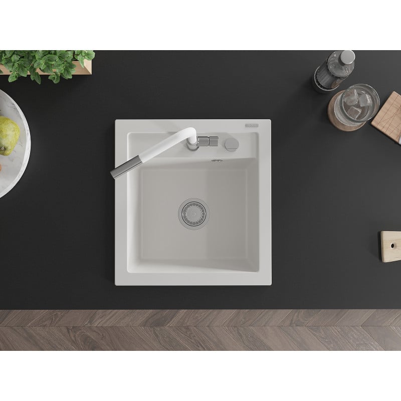 Mexen Vito évier en granit à 1 bassin avec robinet de cuisine Flora, blanc - 6503-20-670401-02