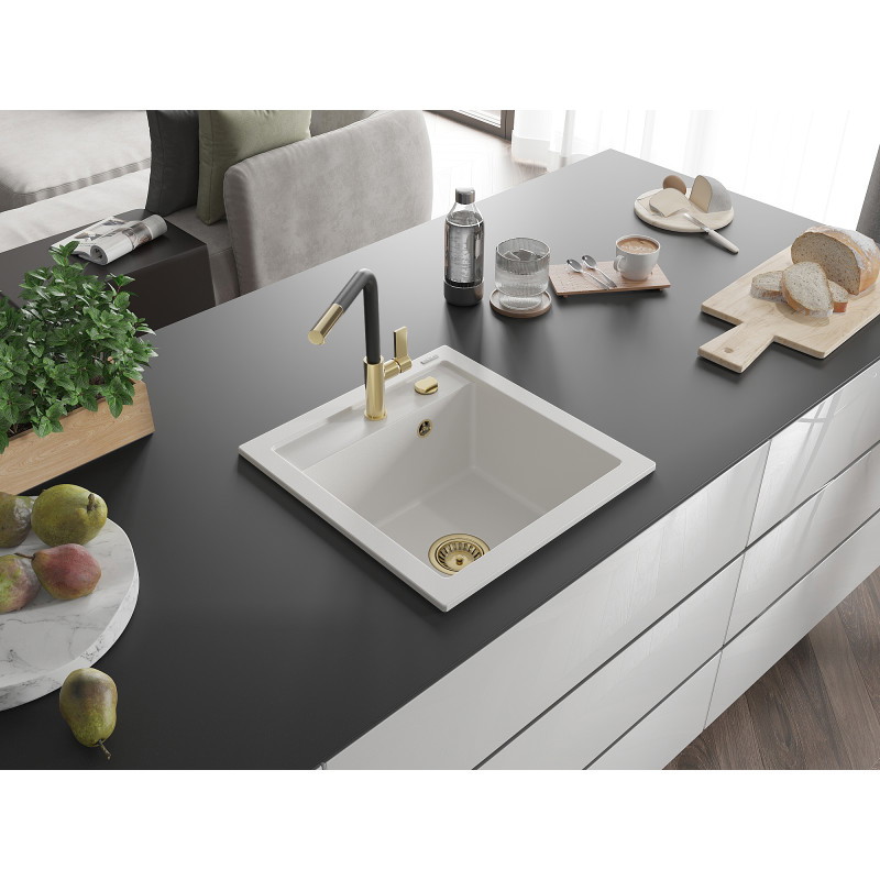 Mexen Vito évier de cuisine en granit 1 bac avec robinet de cuisine Flora, blanc - 6503-20-670401-57-G