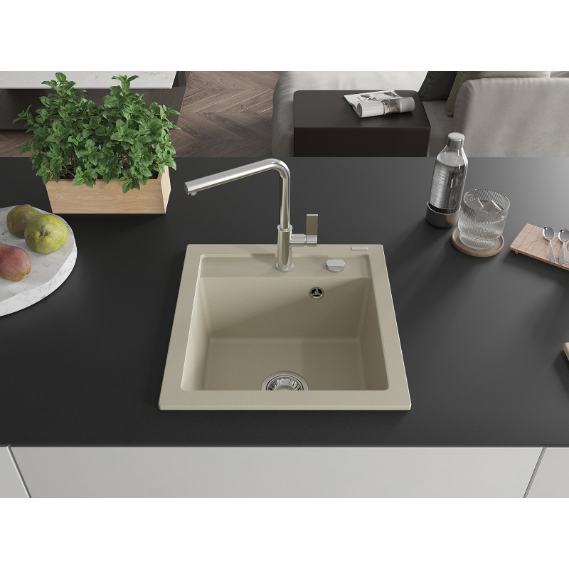 Mexen Vito évier en granit 1 bac avec robinet de cuisine Flora, beige - 6503-69-670401-00