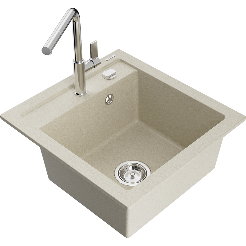 Mexen Vito évier en granit 1 bac avec robinet de cuisine Flora, beige - 6503-69-670401-00