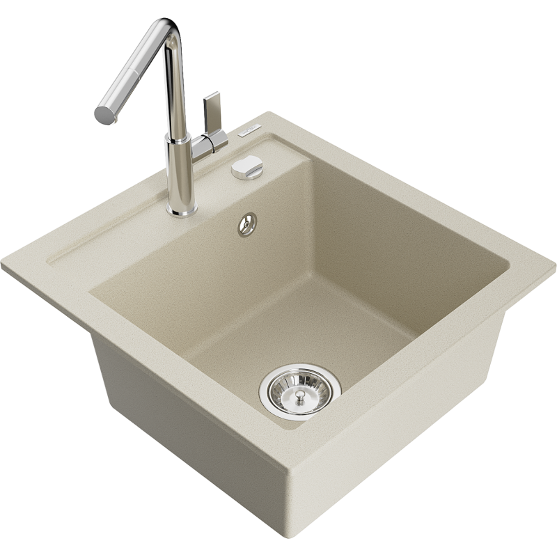 Mexen Vito évier en granit à 1 cuve avec robinet mélangeur Flora, Beige - 6503-69-670401-00