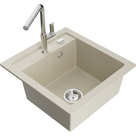 Mexen Vito évier en granit 1 bac avec robinet de cuisine Flora, beige - 6503-69-670401-00