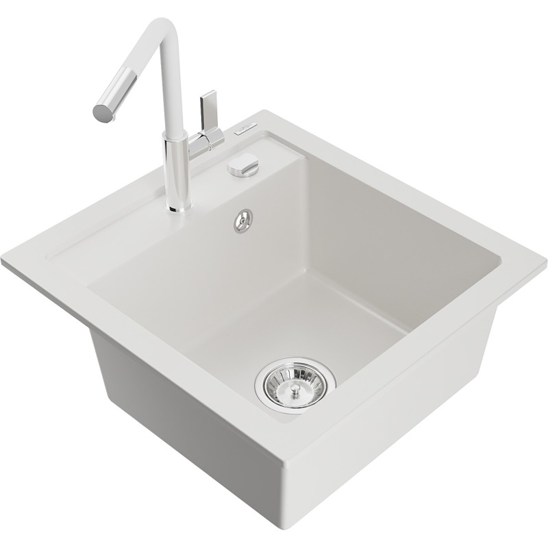 Mexen Vito Évier en granit 1 bac avec mitigeur Flora, blanc - 6503-20-670401-02