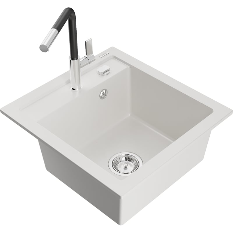 Mexen Vito Évier en granit 1 bac avec robinet de cuisine Flora, blanc - 6503-20-670401-07