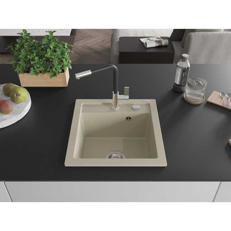 Mexen Vito évier en granit à 1 bac avec robinet de cuisine Flora, beige - 6503-69-670401-07