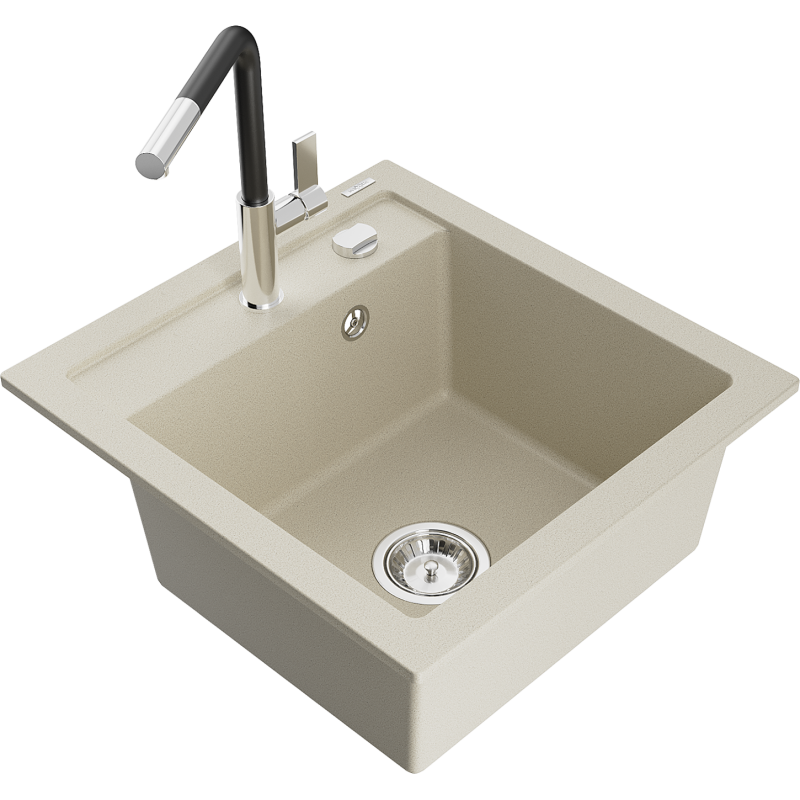 Mexen Vito évier en granit 1 bac avec robinet de cuisine Flora, beige - 6503-69-670401-07