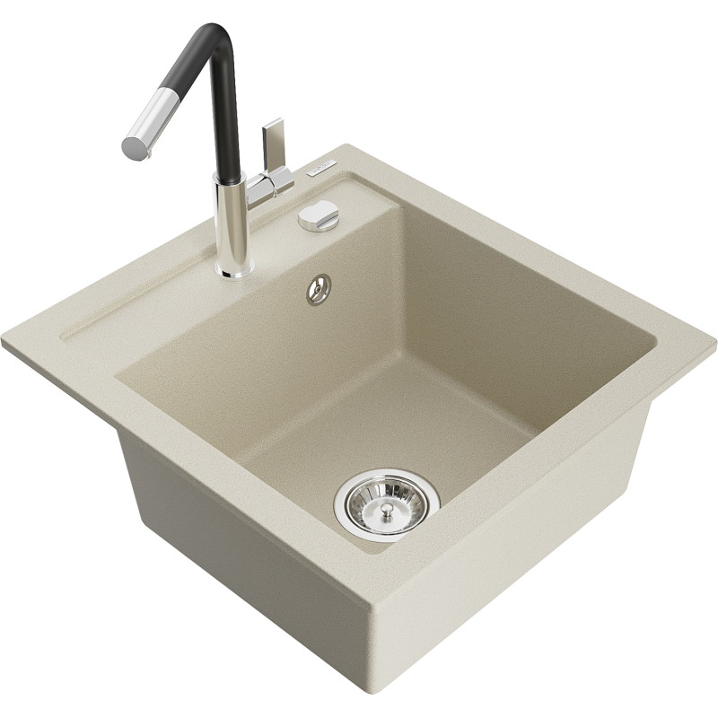 Mexen Vito évier en granit à 1 bac avec robinet de cuisine Flora, beige - 6503-69-670401-07